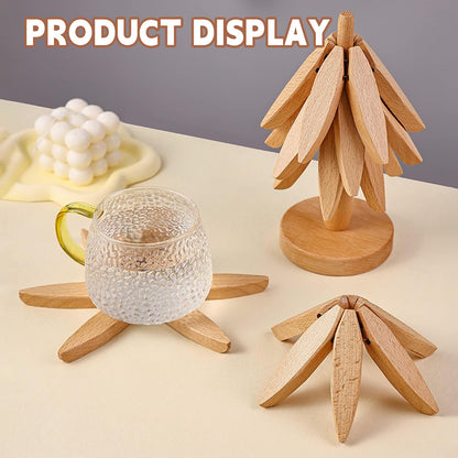 Natural black walnut wooden trivet set with stand for hot dishes and pots.