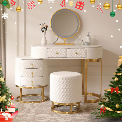 FUKAYI Faux Leather Makeup Vanity Desk Set with LED Lighted Mirror Luxury Dressing Makeup Table with Storage Drawers & Vanity Stool