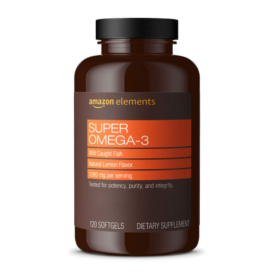Nutritional supplement — Amazon Elements super omega-3 fish oil with natural lemon flavor 1280 mg per serving 120 softgels