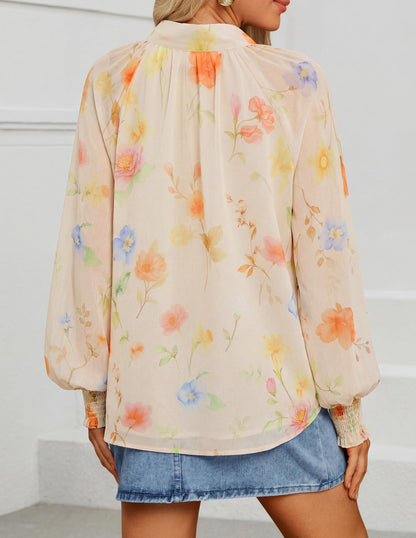Shirt — Floral print long sleeve button down blouse by ZESICA