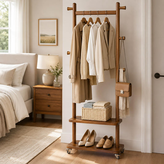 Taitiy clothes rack with wheels and shelves for bedroom and entryway