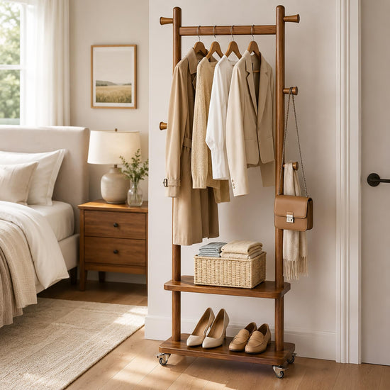 Taitiy clothes rack with wheels and shelves for bedroom and entryway