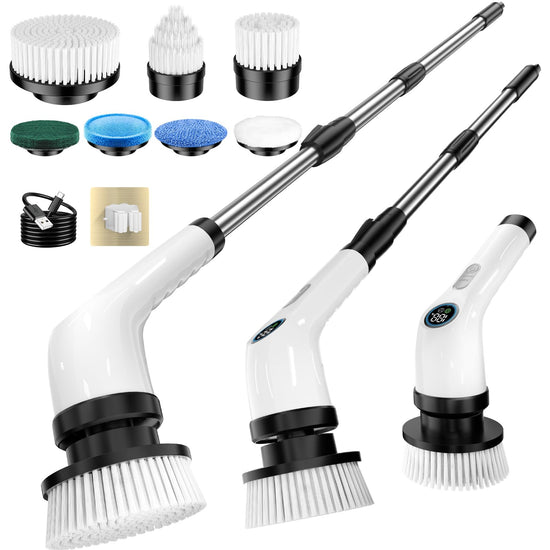 Cleaning brush — Waterproof cordless power scrubber with adjustable handle and 7 heads