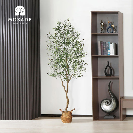 MOSADE artificial olive tree - handmade seagrass basket with artificial flowers