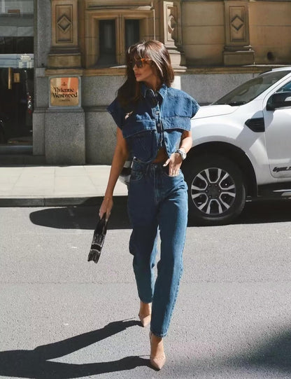 Shirt — Cropped denim top with pockets and collar