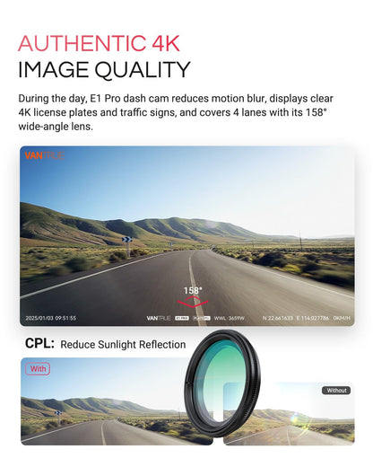 Vantrue E1 Pro 4K dash cam — 5G WiFi and HDR night vision