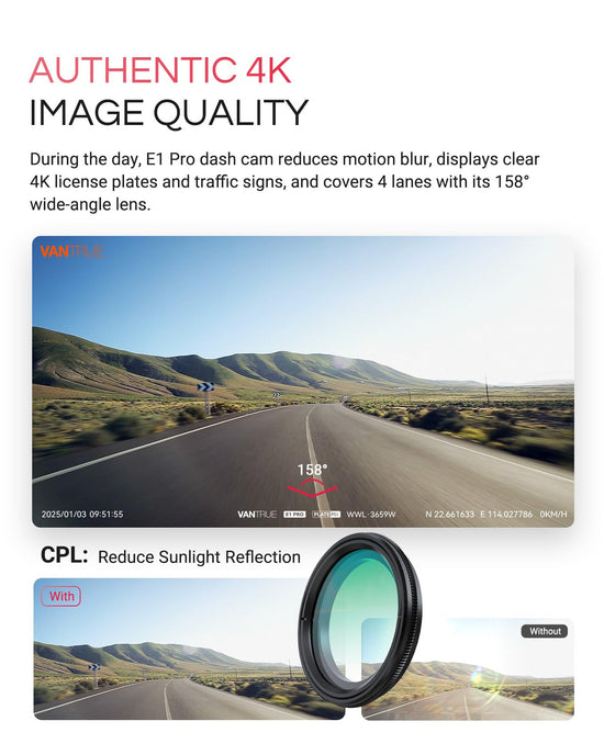 Vantrue E1 Pro 4K mini dash cam — 4K resolution with night vision and GPS support