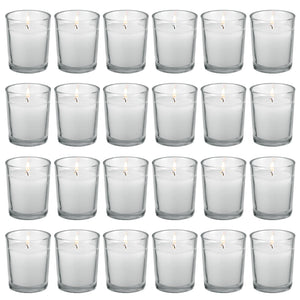 flamecan 24 Pack Clear Glass Filled White Votive Candles. Unscented Votive Candles for Home Décor Spa Weddings Birthdays Holidays Party