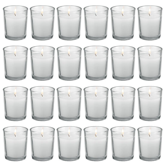 flamecan 24 Pack Clear Glass Filled White Votive Candles. Unscented Votive Candles for Home Décor Spa Weddings Birthdays Holidays Party