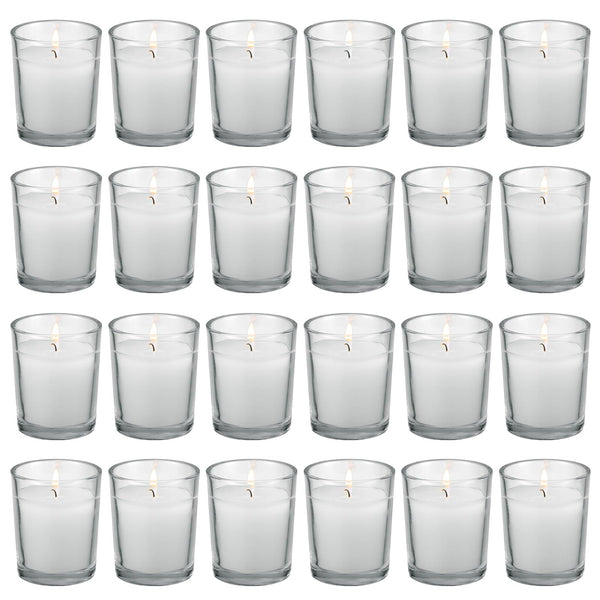 flamecan 24 Pack Clear Glass Filled White Votive Candles. Unscented Votive Candles for Home Décor Spa Weddings Birthdays Holidays Party