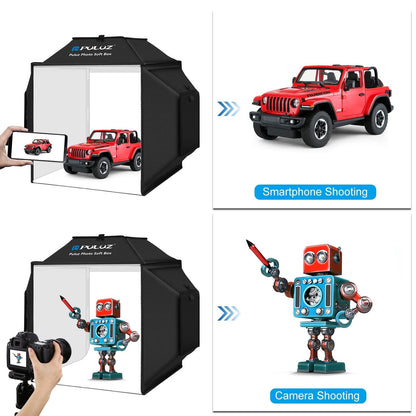 Camera stage lighting modifier — PULUZ portable photo studio with dimmable LEDs and backdrops 16x16 inch