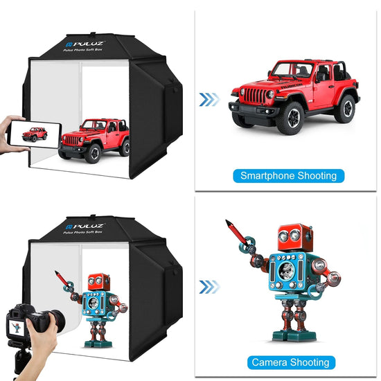 Camera stage lighting modifier — PULUZ portable photo studio with dimmable LEDs and backdrops 16x16 inch