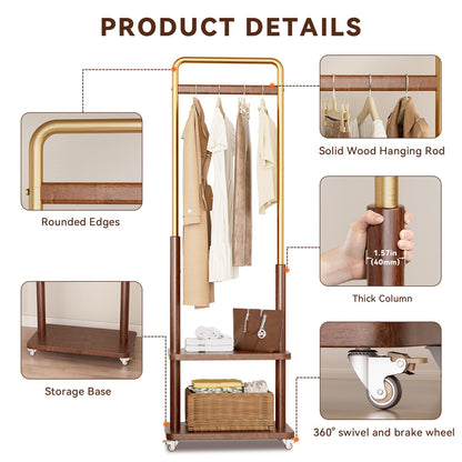 Taitiy clothes rack - Solid wood with double shelf and wheels for freestanding storage.