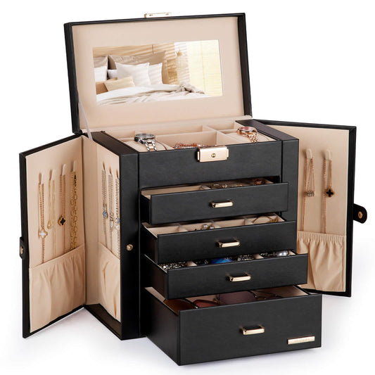 Homde jewelry storage - synthetic leather mirrored watch organizer and case