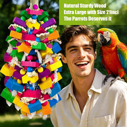 KTCWPAW Large Parrot Chew Toys, Colorful Natural Wood Hanging Shredding Toy, Heavy Duty Beak Grinding Enrichment Toy for Macaw, Cockatoo, African Grey Large Bird Cage Accessories