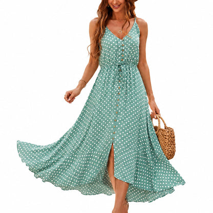 Brovave dress — Casual boho polka dot midi sundress with spaghetti straps