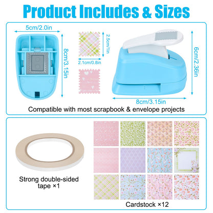 Myfivo hole punch — 1 inch rectangular postage stamp puncher with decorative paper for crafting projects