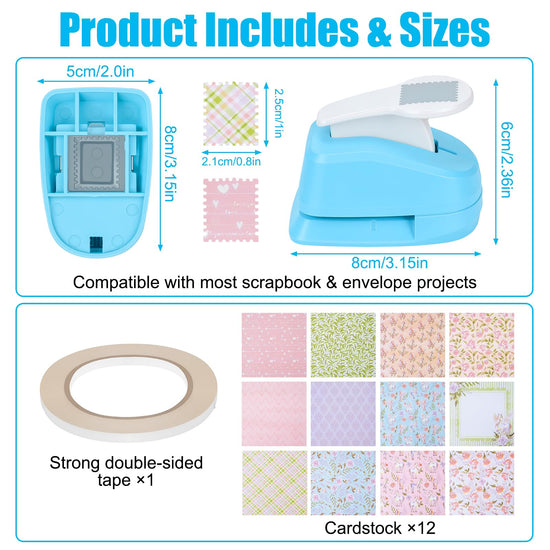 Myfivo hole punch — 1 inch rectangular postage stamp puncher with decorative paper for crafting projects