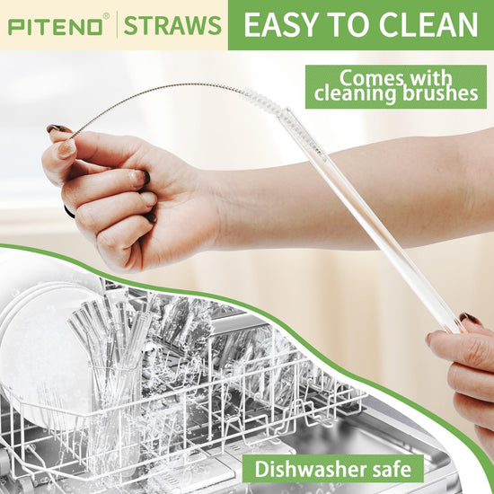 Piteno® glass straws set with cleaning brushes, 12 pieces, straight and bent styles, reusable
