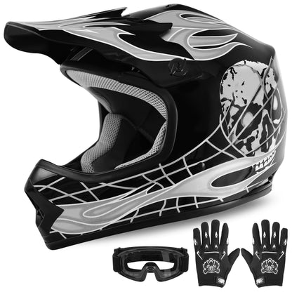 XFMT kids dirt bike helmet — DOT-certified full face design with goggles and gloves
