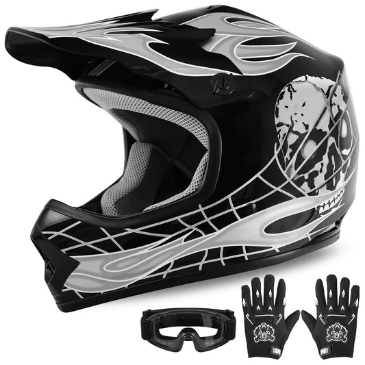 XFMT kids dirt bike helmet — DOT-certified full face design with goggles and gloves