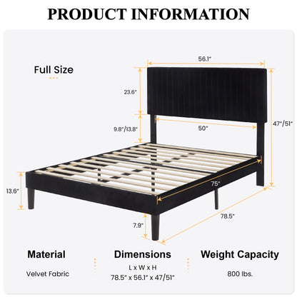 Bed frame — Upholstered platform with adjustable headboard and velvet fabric