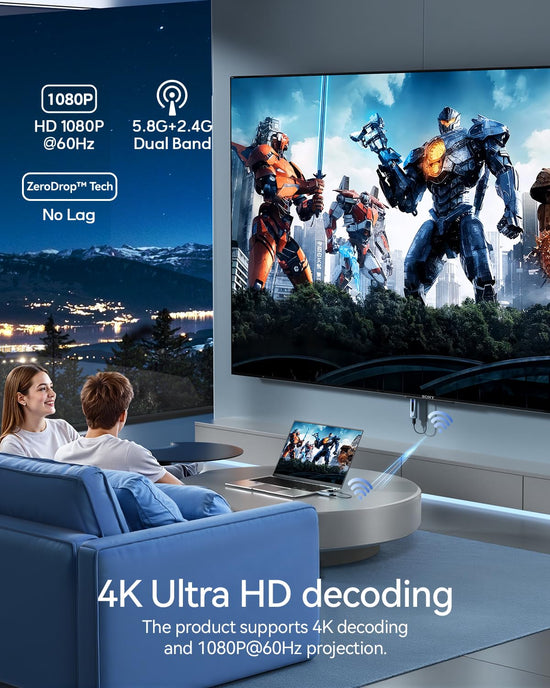 Wireless HDMI Transmitter and Receiver 400FT/120M Extender, Plug&Play 5.8G+2.4G for 4K Decode 1080P Video Output with LED Display, for Audio to Monitor from PC/Projector/TV Box (Blue)