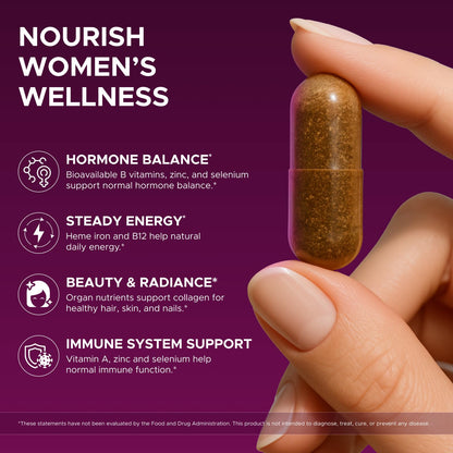 Primal Beef Organ Supplement for Women, Grass-Fed Ancestral Superfood Supplement with Uterus & Liver for Hormone Balance & Queen Energy - 60 Capsules