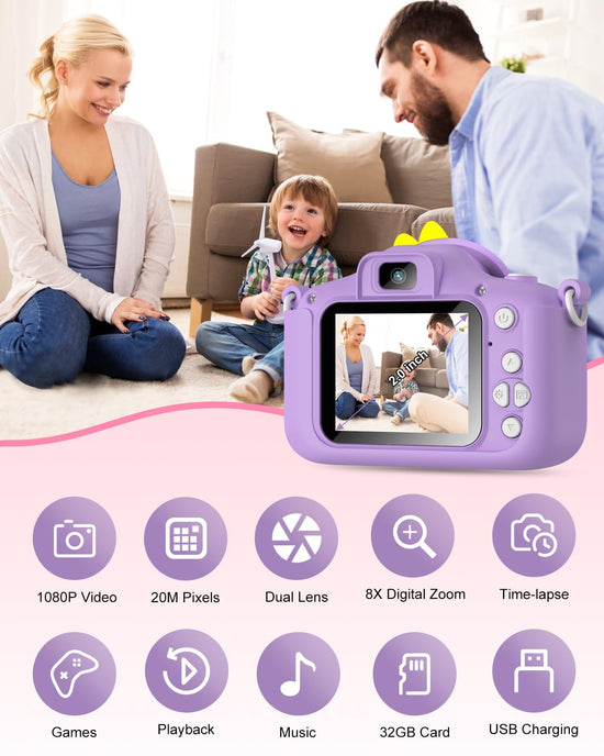 Kids camera for toddlers with 32GB card and selfie feature.