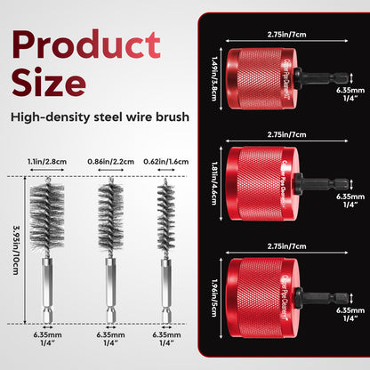 DDayuanwei 1/2" & 3/4" & 1" Copper Pipe Cleaner for Drill, with 1/4 Hex Shank & 3 Stainless Steel Wire Brushe, for Cleaning Rust, Stains, Paint on Copper Pipes and Various Metal Pipes(Red)