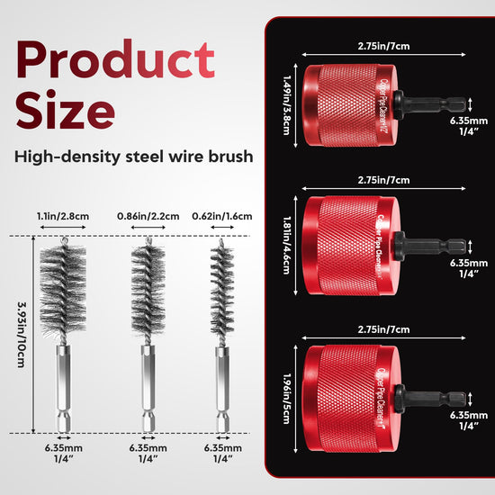 DDayuanwei 1/2" & 3/4" & 1" Copper Pipe Cleaner for Drill, with 1/4 Hex Shank & 3 Stainless Steel Wire Brushe, for Cleaning Rust, Stains, Paint on Copper Pipes and Various Metal Pipes(Red)