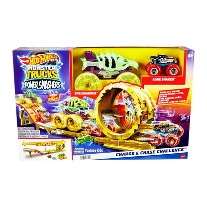 Hot Wheels Monster Trucks track set — Charge & Chase challenge with 2 trucks and cars