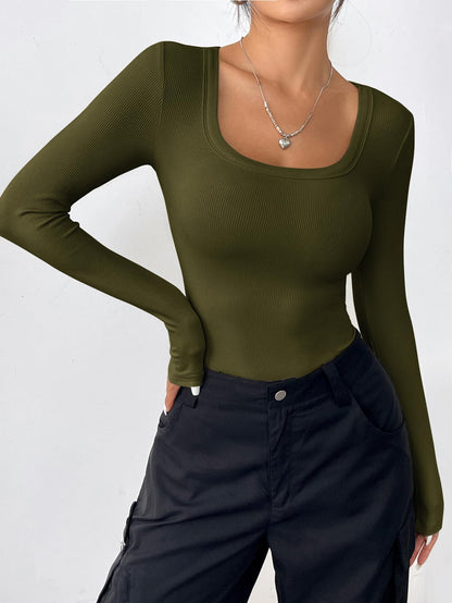 Shirt — Long sleeve scoop neck casual rib knit top by Zeagoo