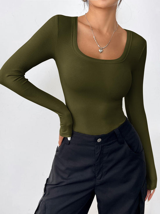 Shirt — Long sleeve scoop neck casual rib knit top by Zeagoo