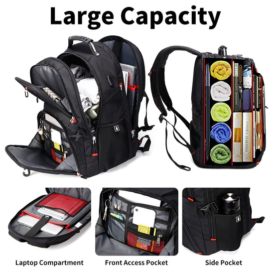 SHRRADOO travel backpack with combination lock for 17 inch laptops, 50L capacity