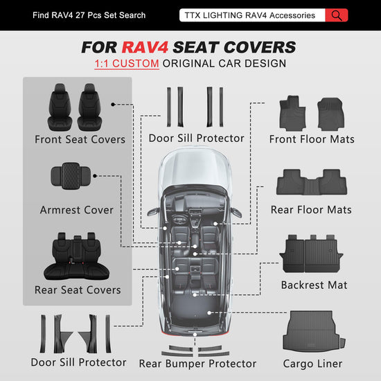 TTX lighting seat covers - custom fit waterproof black faux leather for Toyota RAV4 2019-2025