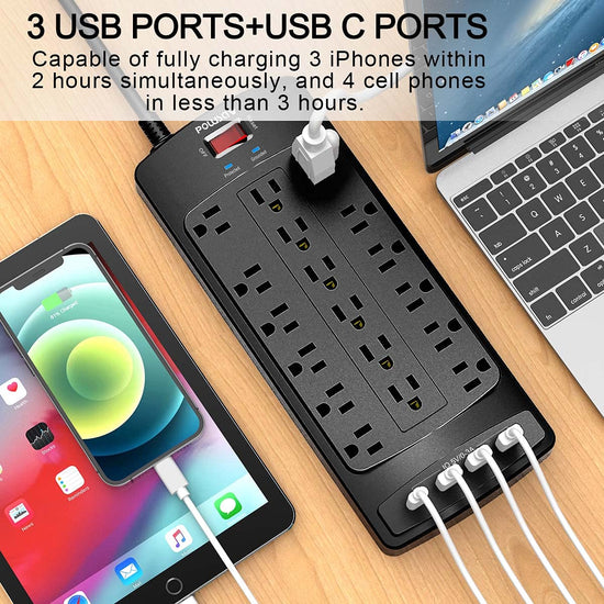 Power strip — 18 outlets and 4 USB ports with flat plug design and heavy duty cord