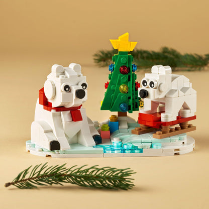 LEGO building blocks — wintertime polar bears with Christmas tree and two toys