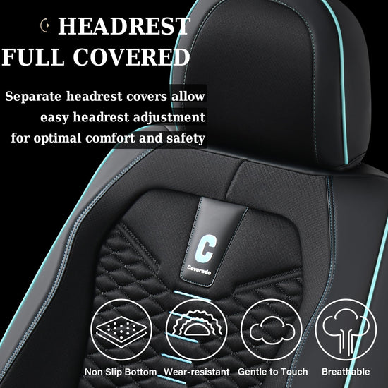 Coverado car seat covers - breathable faux leather for 5 seats in black and blue