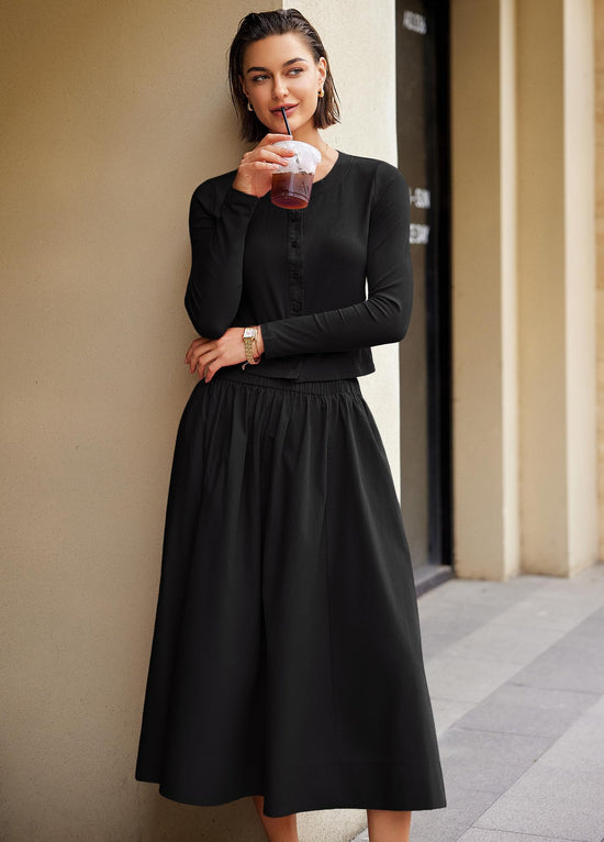 Coordinated outfit — Ribbed button down cardigan and elastic waist skirt set