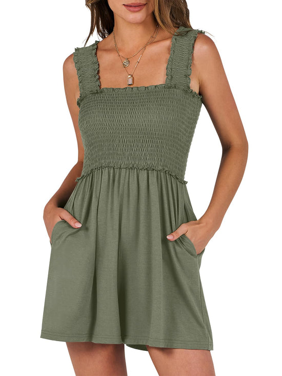 One-piece outfit — Caracilia women's summer casual smocked romper with square neck