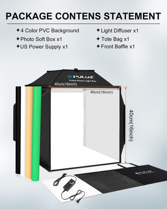 Camera stage lighting modifier — PULUZ portable photo studio with dimmable LEDs and backdrops 16x16 inch