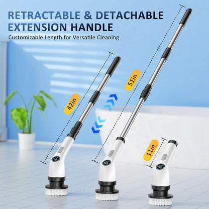 Cleaning brush — Waterproof cordless power scrubber with adjustable handle and 7 heads