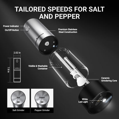Seasoning mill — Rechargeable electric grinder set with adjustable coarseness 2 packs black