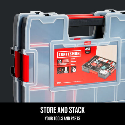 CRAFTSMAN portable tool box with 14 compartments and secure latch lid