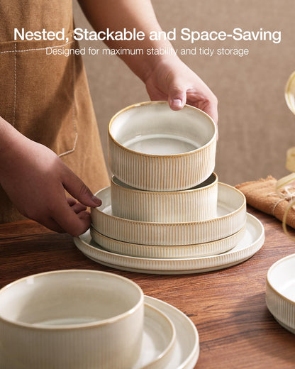 Famiware dinnerware set — stoneware ribbed design plates and bowls set
