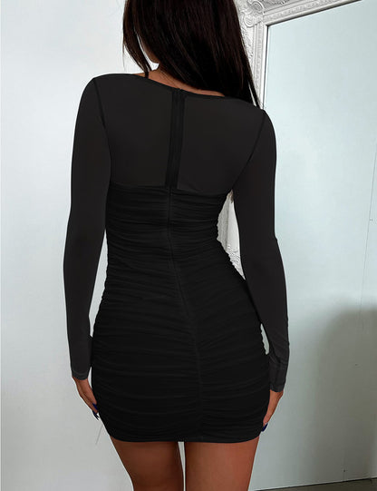 BORIFLORS women's ruched bodycon mini dress with mesh long sleeves