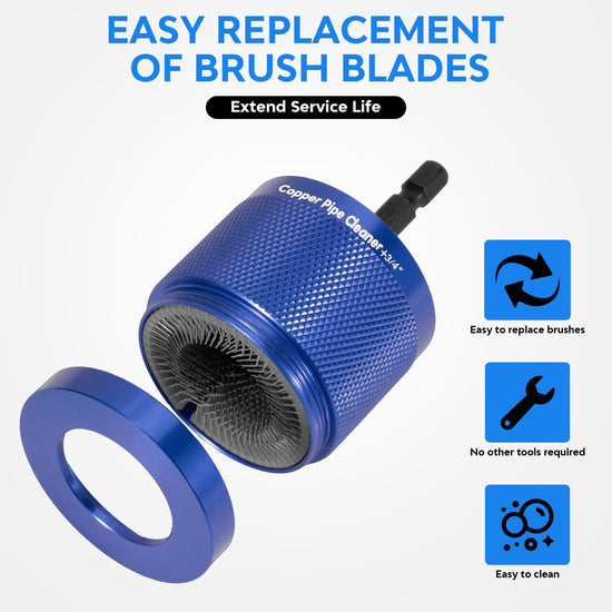DDayuanwei 1/2" & 3/4" & 1" Copper Pipe Cleaner for Drill, with 1/4 Hex Shank & 3 Stainless Steel Wire Brushe, for Cleaning Rust, Stains, Paint on Copper Pipes and Various Metal Pipes(Blue)
