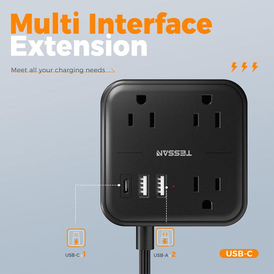 Tessan power strip with flat wall plug and 3 USB slots
