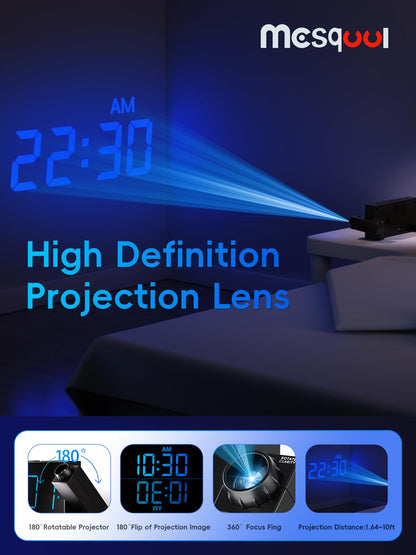 Digital projection alarm clock — 180° rotatable projector with USB charger and dual alarms